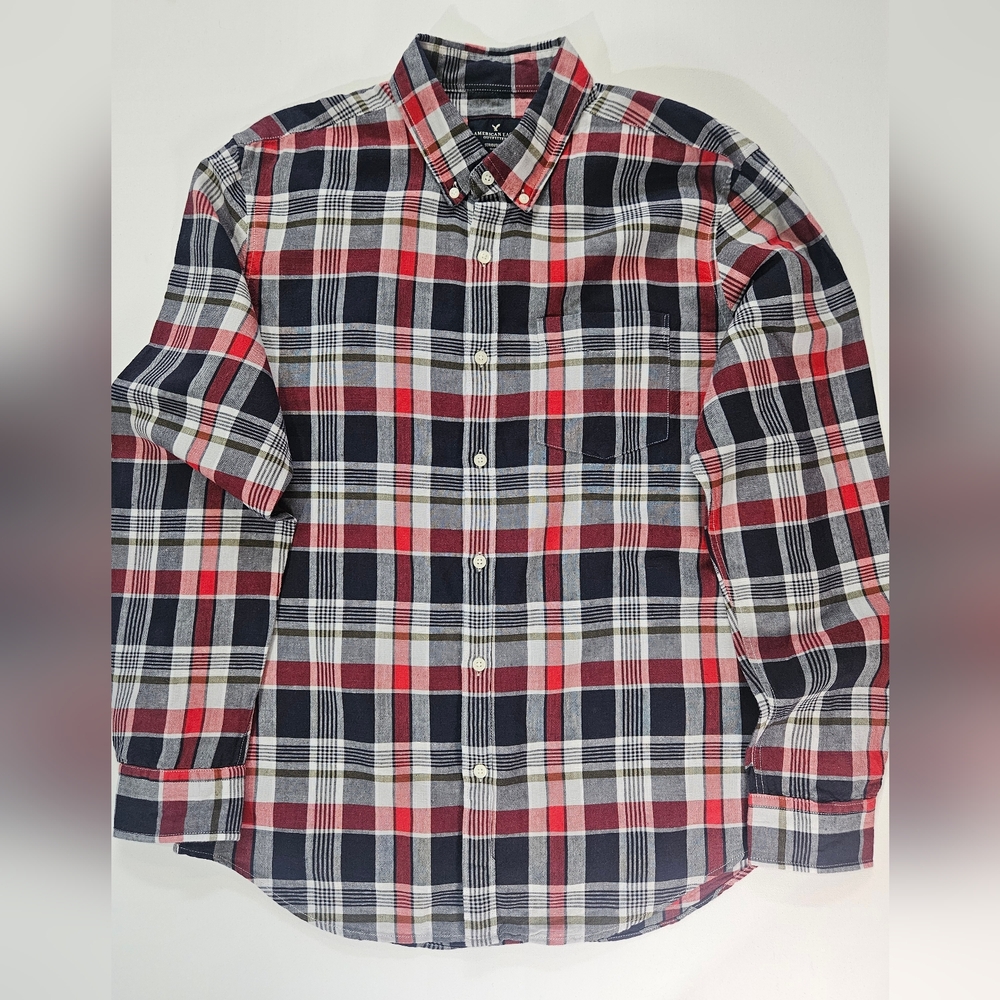 American Eagle Button Down Shirt Mens Large Red Black Plaid Linen Blend Western